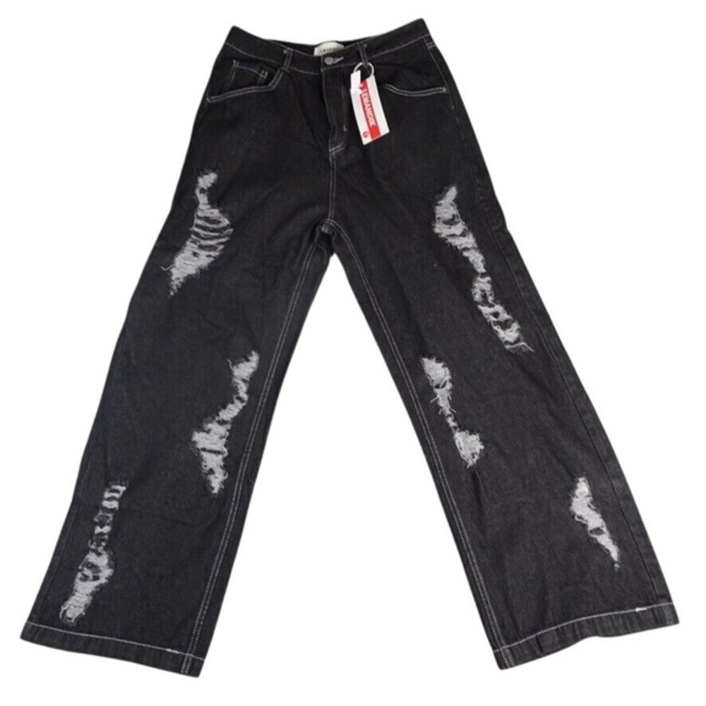 LEMANDIK Jeans Mens 30x28 Black Distressed Wide Leg Contrast Stitch Ripped Baggy